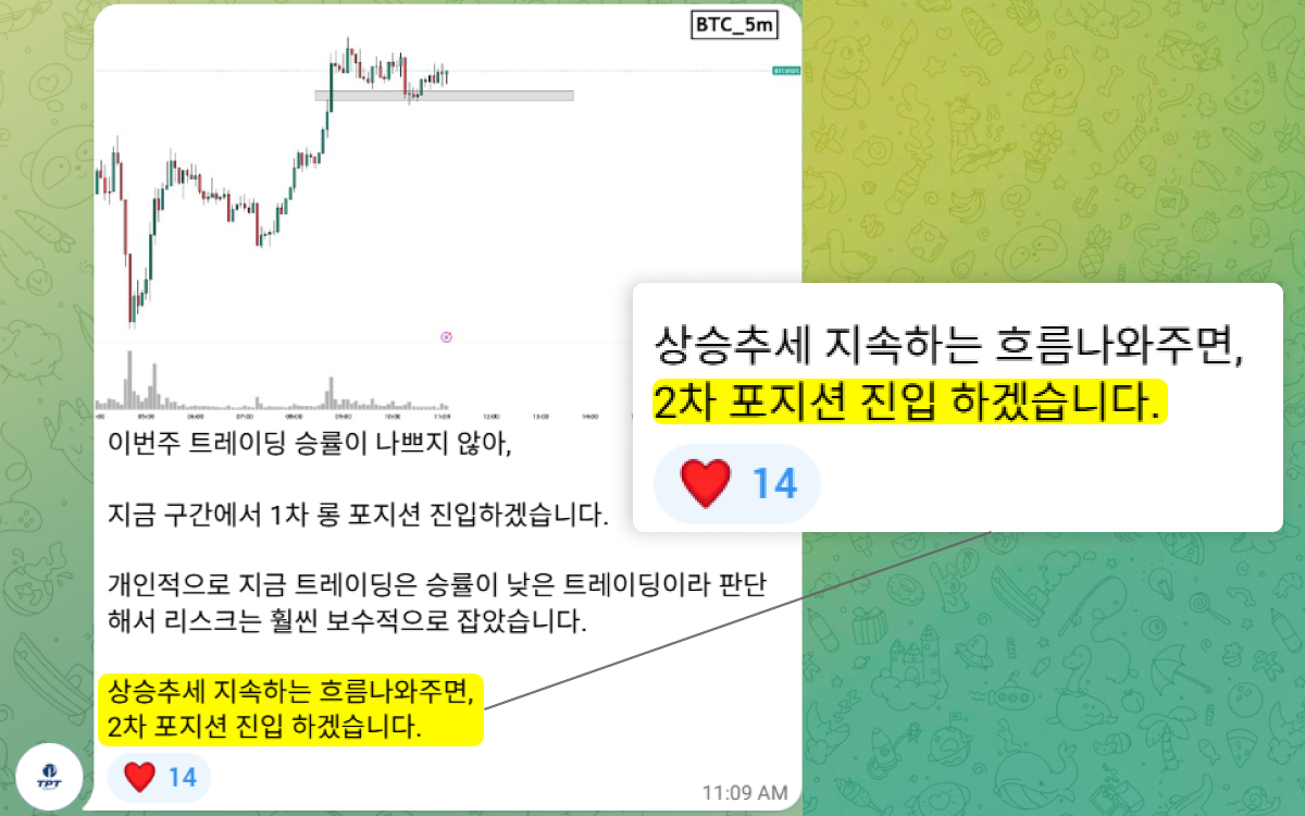 진입 기준 예시 차트와 트레이딩룸 메시지